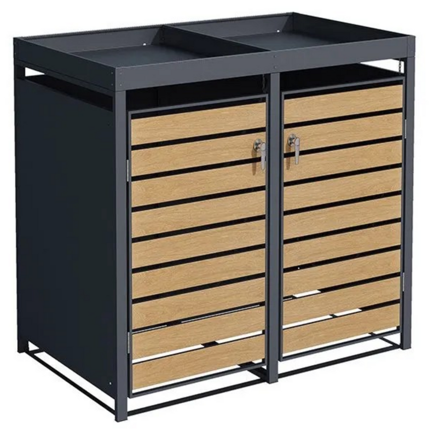 Wood Effect Wheelie Bin Storage With Planter- Double Bin Store