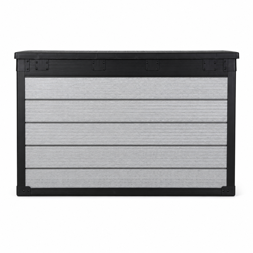 Pro Grade 540L Outdoor Garden Storage Box - Grey Woodgrain - Black Lid