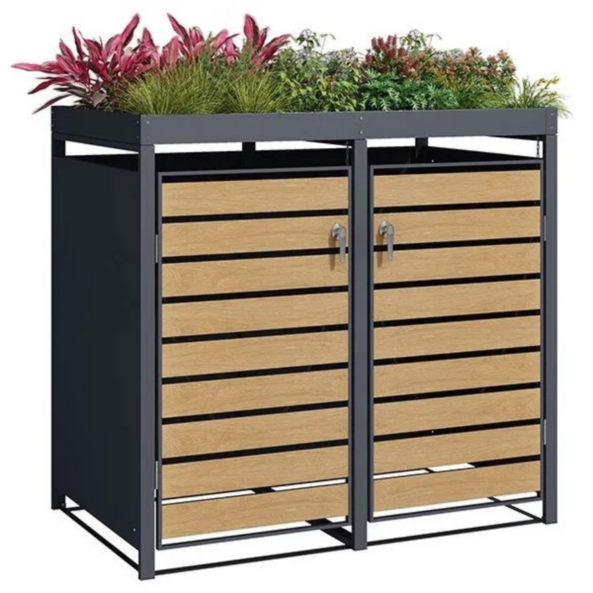 Wood Effect Wheelie Bin Storage With Planter- Double Bin Store