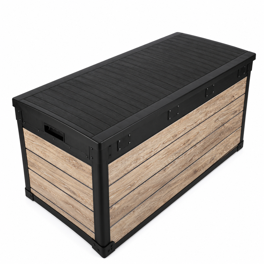 Pro Grade 540L Outdoor Garden Storage Box - Oak Woodgrain - Black Lid