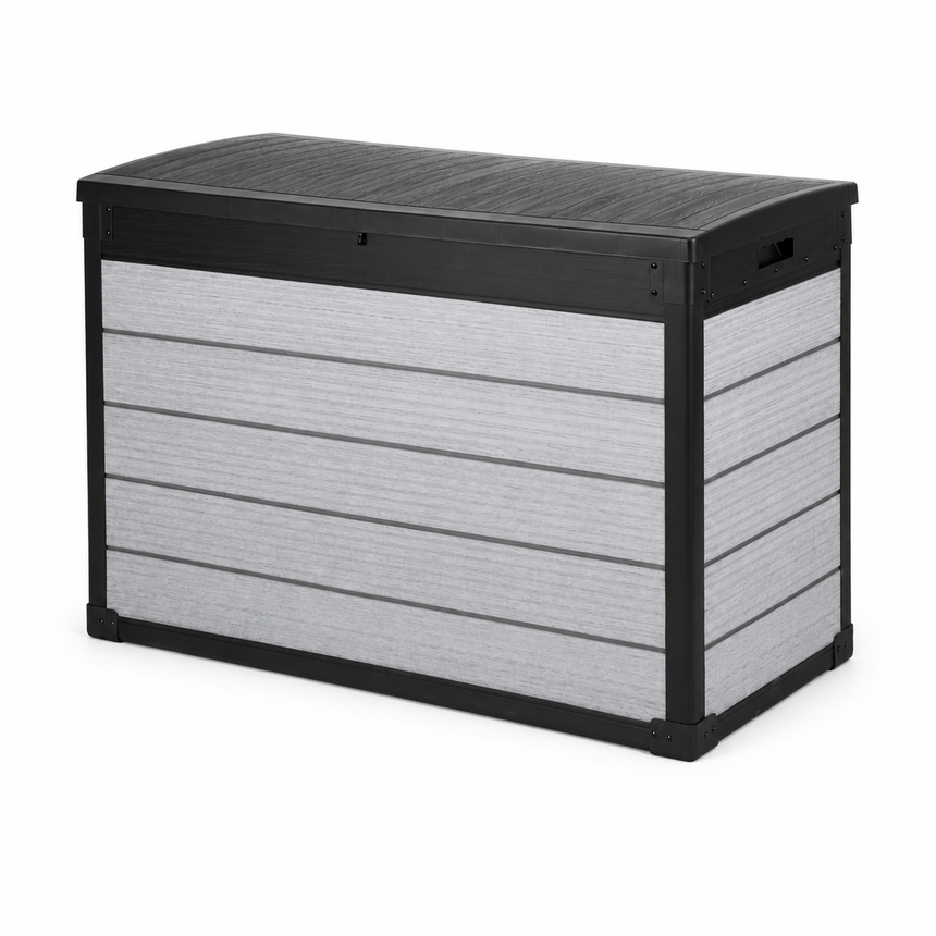 Pro Grade 540L Outdoor Garden Storage Box - Grey Woodgrain - Black Lid