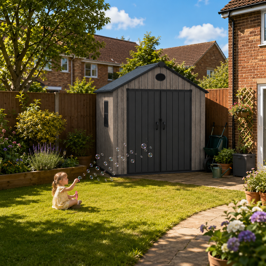 Pro Grade 6ft x 5ft Premium Plastic Double Door Garden Shed - Oak Woodgrain Texture