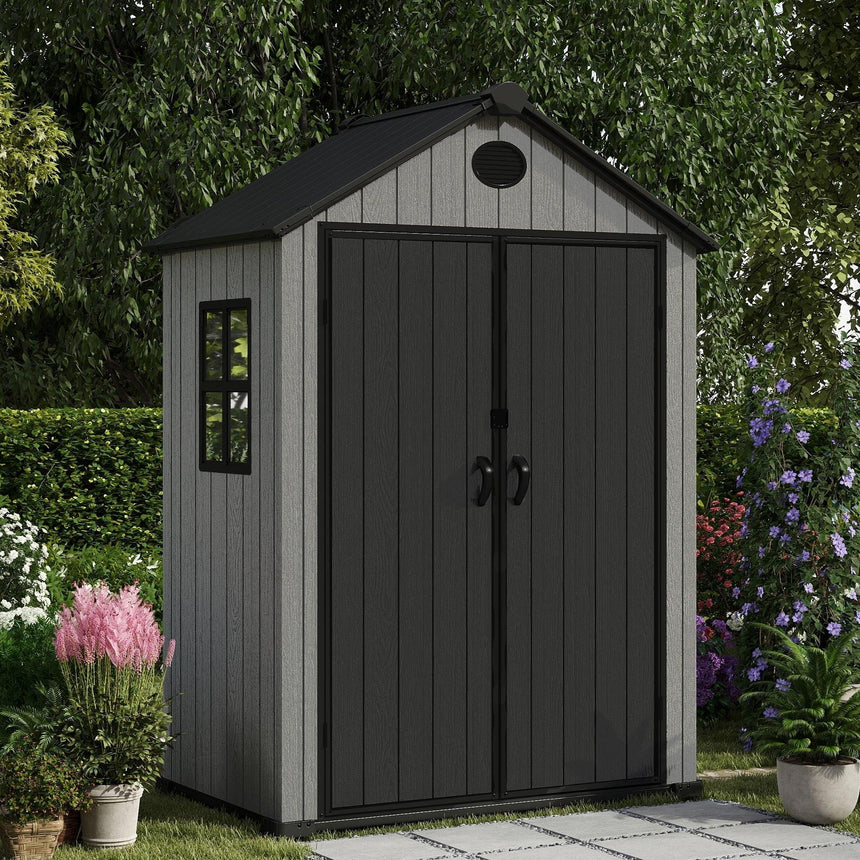Pro Grade 6ft x 4ft Premium Plastic Garden Shed Double Door - Grey/Anthracite Wood Touch Texture