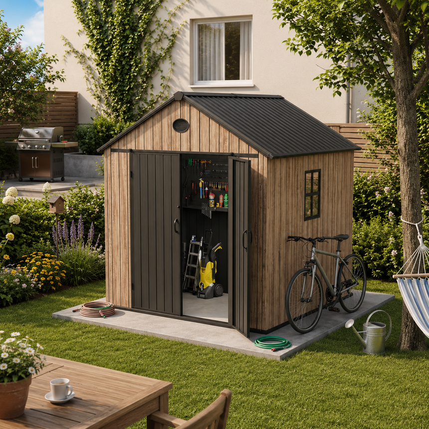 Pro Grade 6ft x 8ft Premium Plastic Double Door Garden Shed - Oak Woodgrain Texture