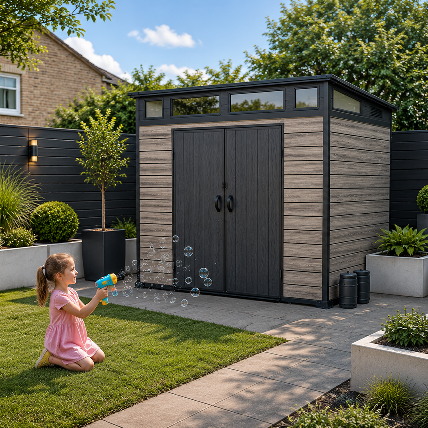 Pro Grade 7ft x 7ft Pent Roof Premium Plastic Garden Shed - Oak Woodgrain Texture