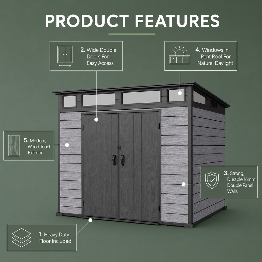 Pro Grade 7ft x 7ft Pent Roof Premium Plastic Garden Shed - Grey/Anthracite Wood Touch Texture