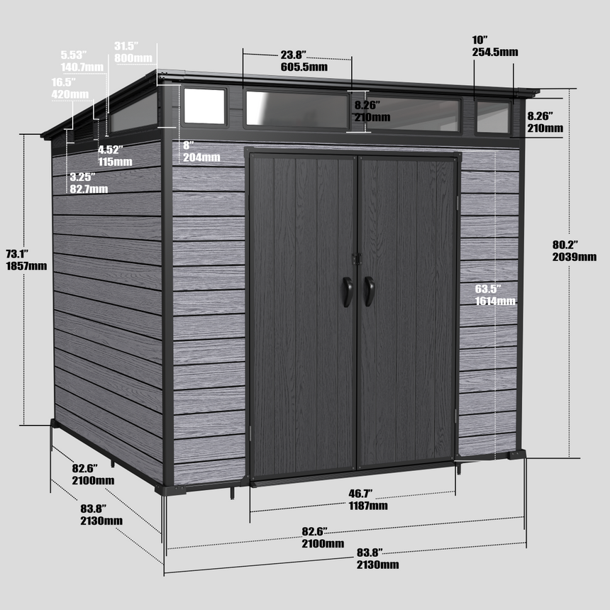 Pro Grade 7ft x 7ft Pent Roof Premium Plastic Garden Shed - Grey/Anthracite Wood Touch Texture