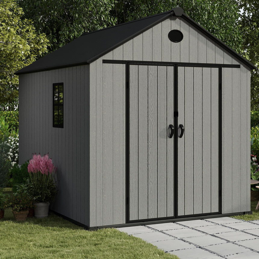 Pro Grade 6ft x 8ft Premium Plastic Double Door Garden Shed - Grey Wood Touch Texture