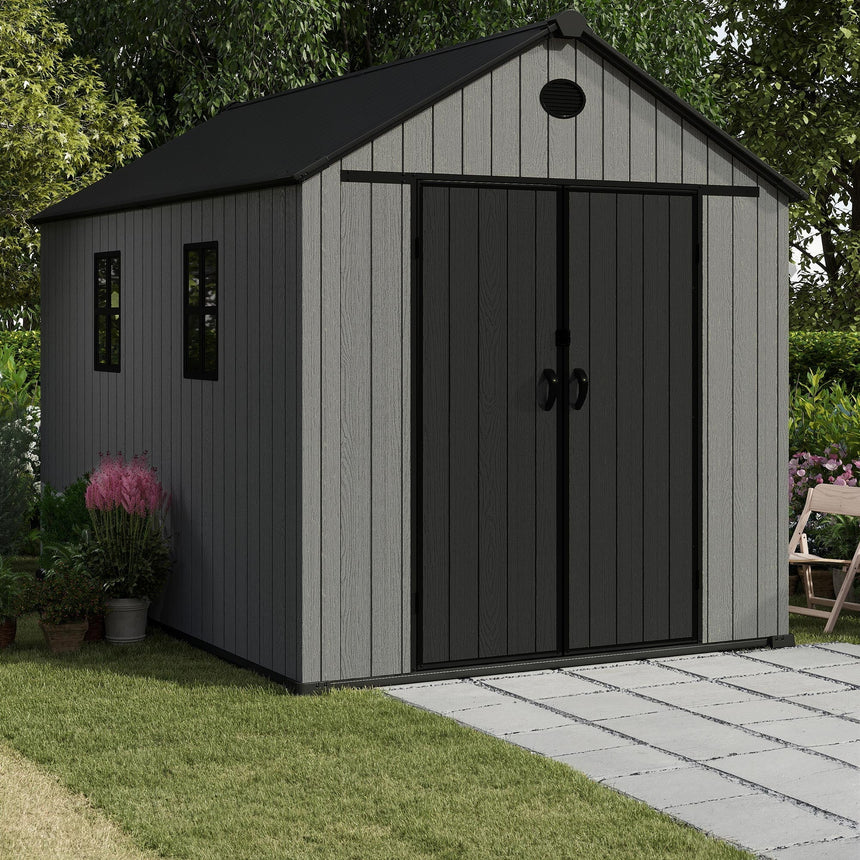 Pro Grade 8ft x 12ft Premium Plastic Double Door Garden Shed - Grey/Anthracite Wood Touch Texture