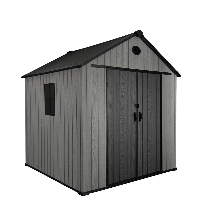 Pro Grade 6ft x 8ft Premium Plastic Double Door Garden Shed - Grey/Anthracite Wood Touch Texture