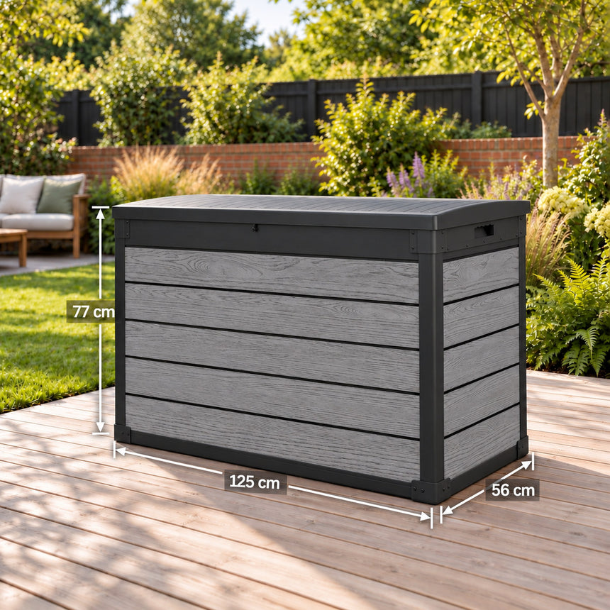 Pro Grade 540L Outdoor Garden Storage Box - Graphite Grey Woodgrain - Black Lid