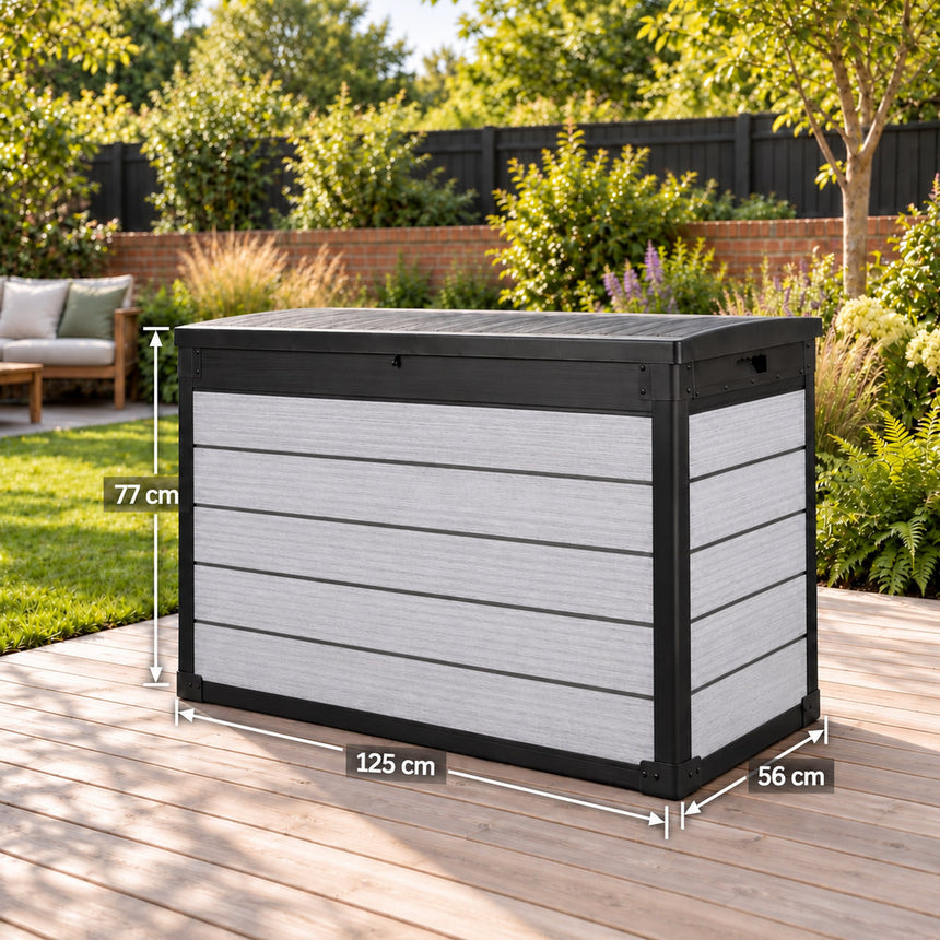 Pro Grade 540L Outdoor Garden Storage Box - Grey Woodgrain - Black Lid