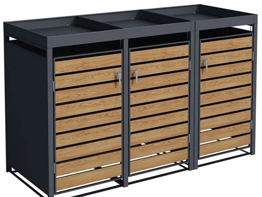 Wood Effect Wheelie Bin Storage With Planter - Triple Bin Store