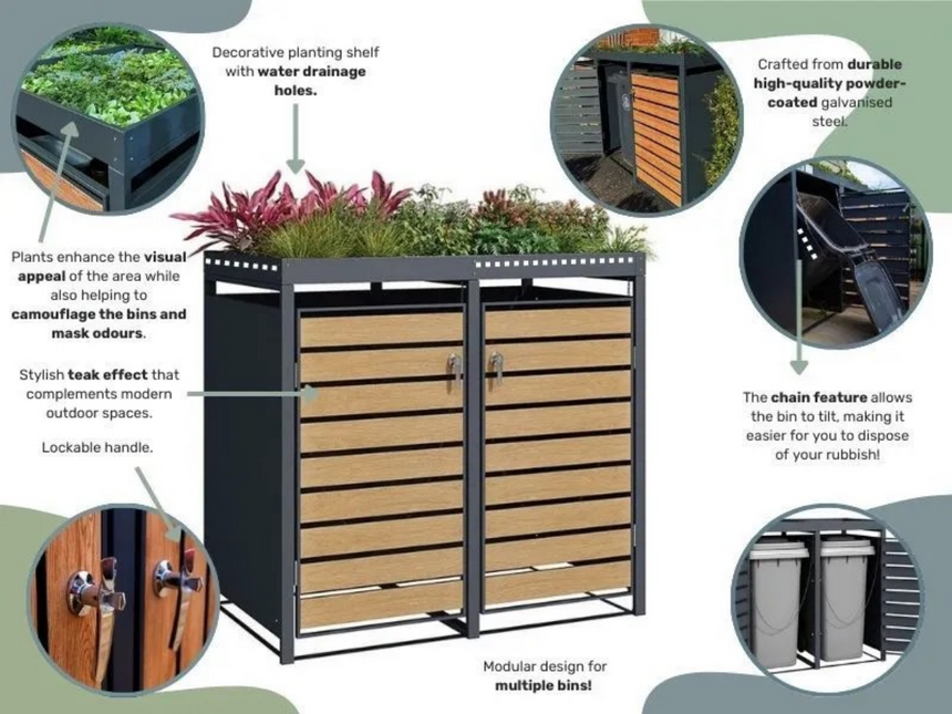 Wood Effect Wheelie Bin Storage With Planter - Triple Bin Store