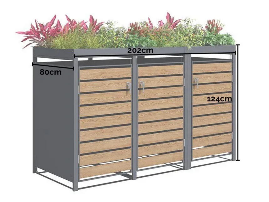 Wood Effect Wheelie Bin Storage With Planter - Triple Bin Store
