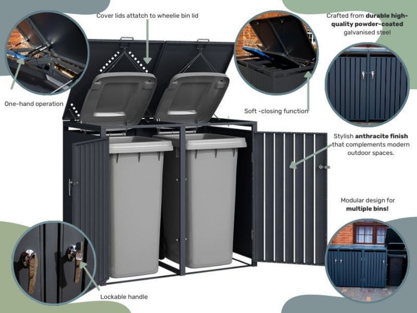 Anthracite Grey Solid Panel Wheelie Bin Storage - Double Bin Store