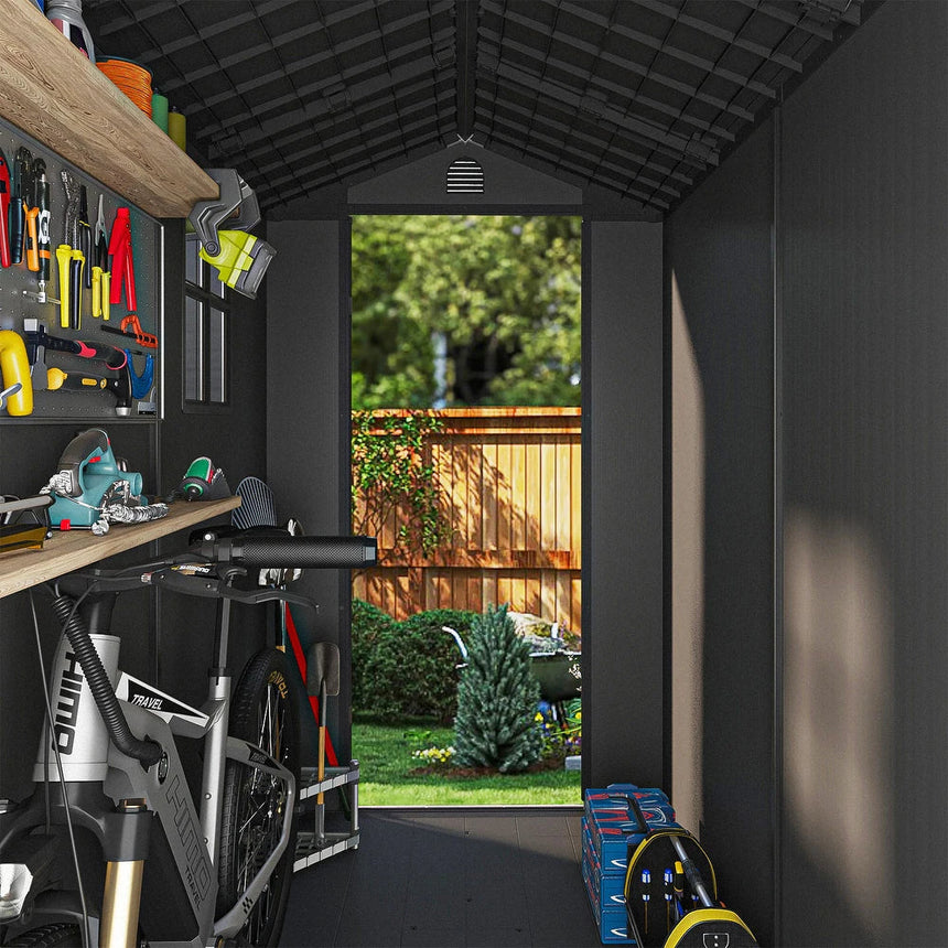 Pro Grade 8ft x 12ft Premium Plastic Double Door Garden Shed - Grey/Anthracite Wood Touch Texture