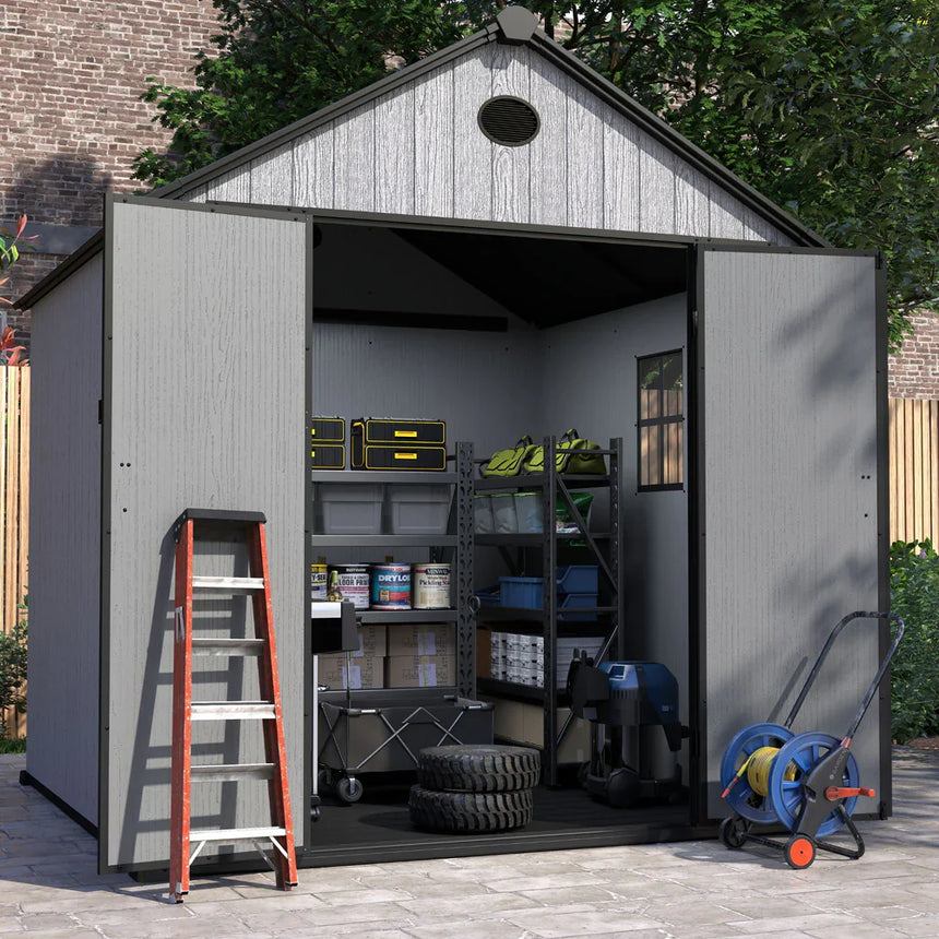 Pro Grade 6ft x 12ft Premium Plastic Double Door Garden Shed - Grey Wood Touch Texture