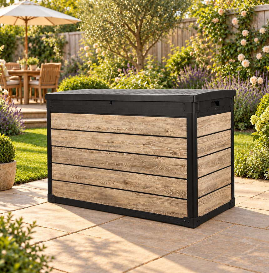 Pro Grade 540L Outdoor Garden Storage Box - Oak Woodgrain - Black Lid