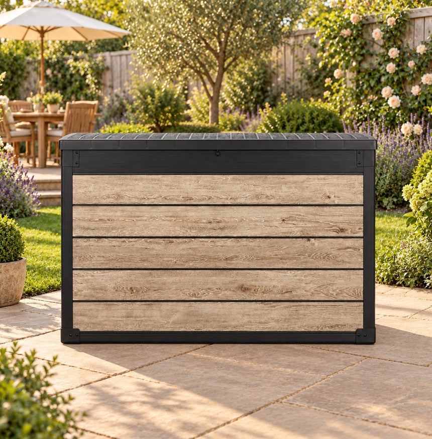 Pro Grade 540L Outdoor Garden Storage Box - Oak Woodgrain - Black Lid