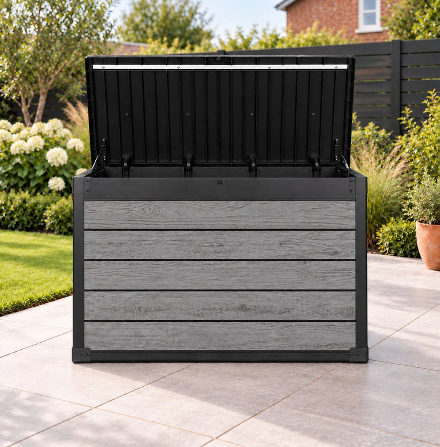 Pro Grade 540L Outdoor Garden Storage Box - Graphite Grey Woodgrain - Black Lid