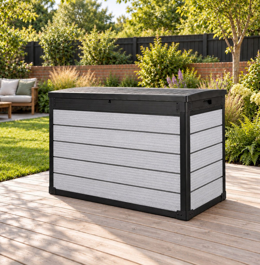 Pro Grade 540L Outdoor Garden Storage Box - Grey Woodgrain - Black Lid