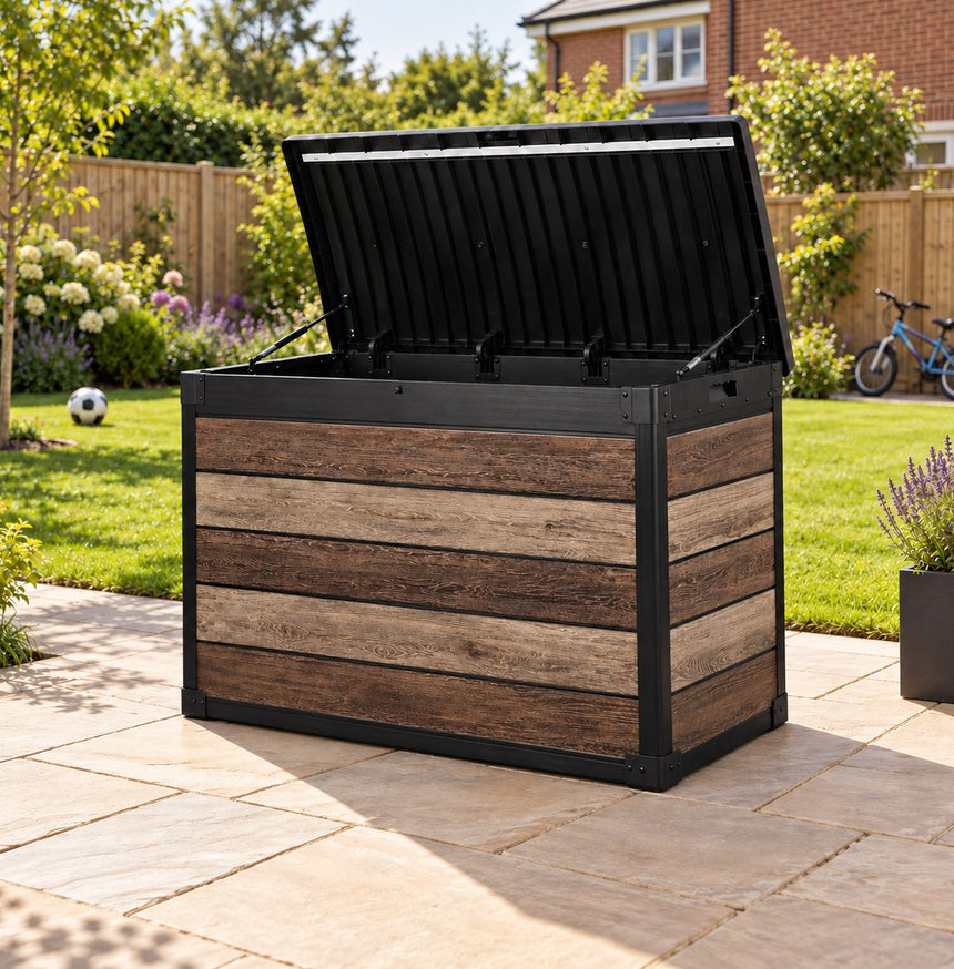 Pro Grade 540L Outdoor Garden Storage Box - Walnut Woodgrain - Black Lid