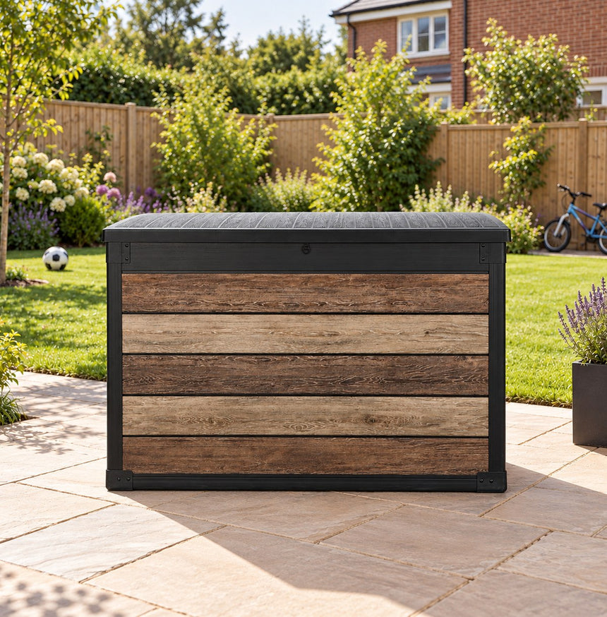 Pro Grade 540L Outdoor Garden Storage Box - Walnut Woodgrain - Black Lid