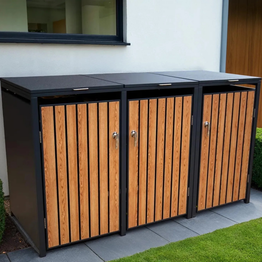 Wood Effect Wheelie Bin Storage - Triple Bin Store