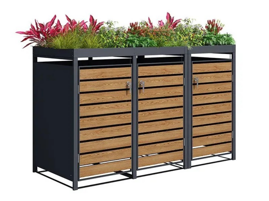 Wood Effect Wheelie Bin Storage With Planter - Triple Bin Store