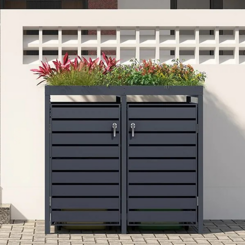 Anthracite Grey Wheelie Bin Storage With Planter- Double Bin Store