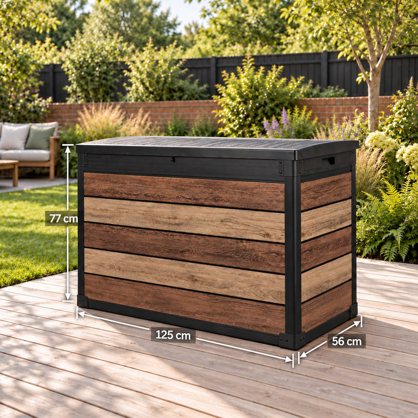 Pro Grade 540L Outdoor Garden Storage Box - Walnut Woodgrain - Black Lid