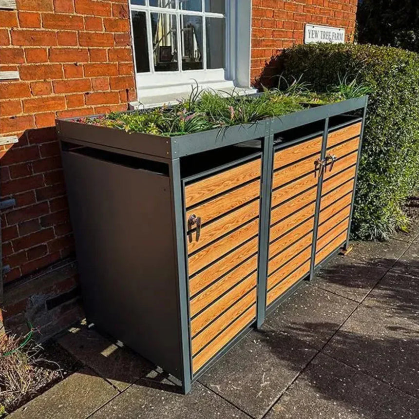 Wood Effect Wheelie Bin Storage With Planter - Triple Bin Store