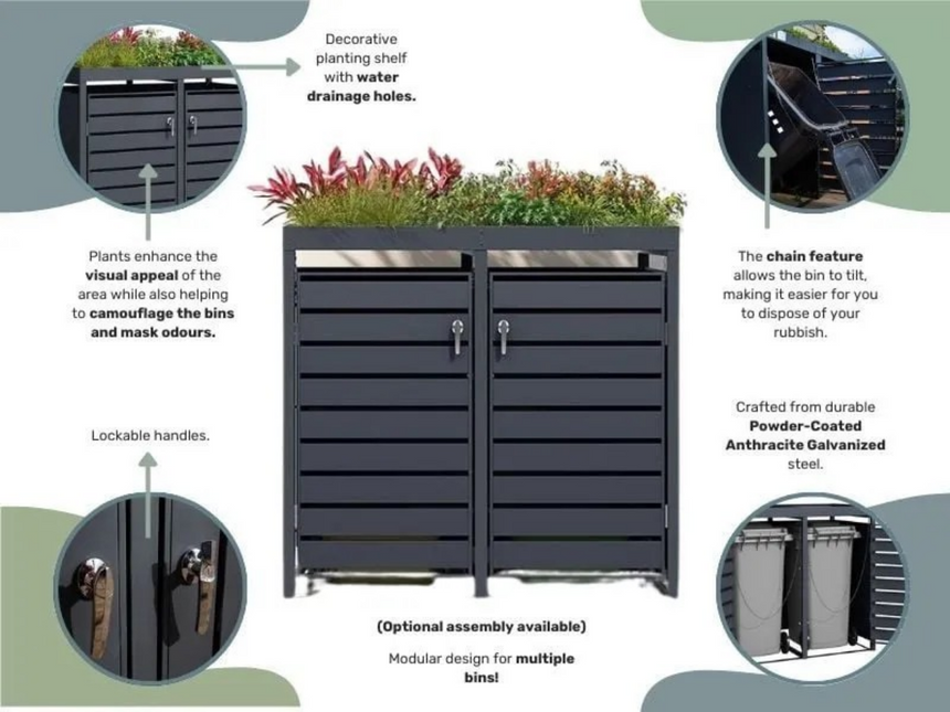 Anthracite Grey Wheelie Bin Storage With Planter- Double Bin Store
