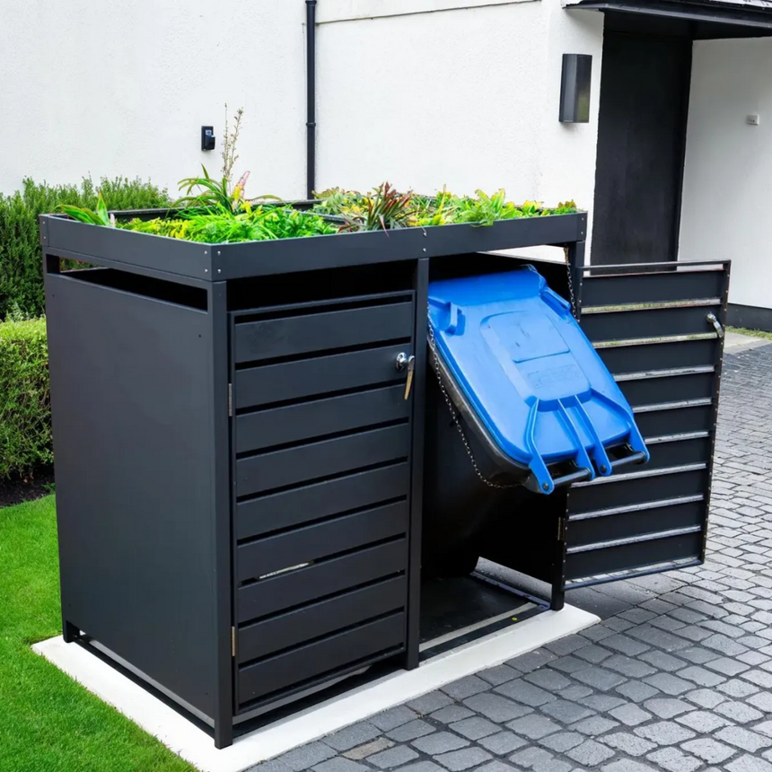 Anthracite Grey Wheelie Bin Storage With Planter- Double Bin Store