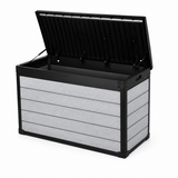 Pro Grade 540L Outdoor Garden Storage Box - Grey Woodgrain - Black Lid