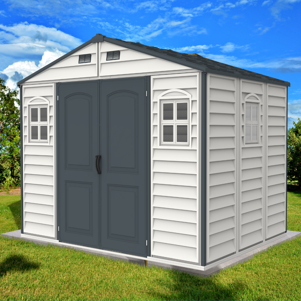 Duramax Woodside Plus - 10ft x 8ft Plastic Garden Shed in Grey Duramax Woodside Plus - 10ft x 8ft Plastic Garden Shed in Grey