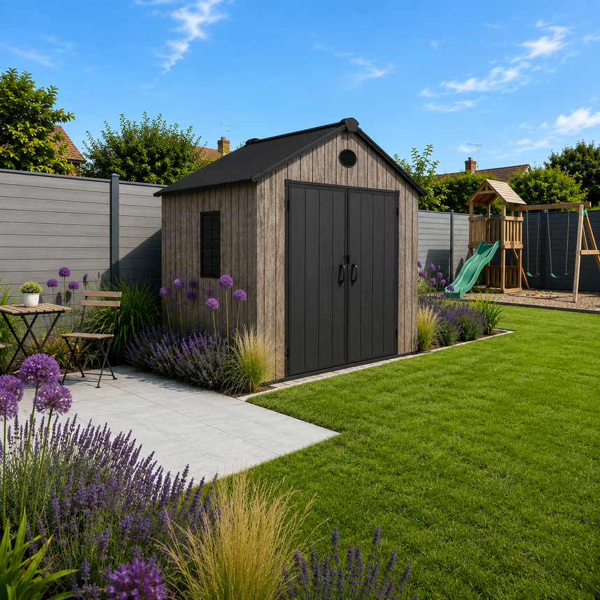 Pro Grade 6ft x 5ft Premium Plastic Double Door Garden Shed - Oak Woodgrain Texture