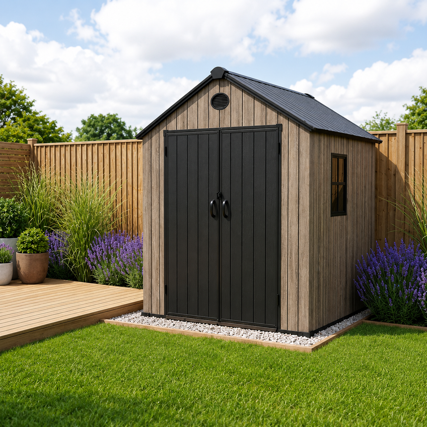 Pro Grade 6ft x 5ft Premium Plastic Double Door Garden Shed - Oak Woodgrain Texture