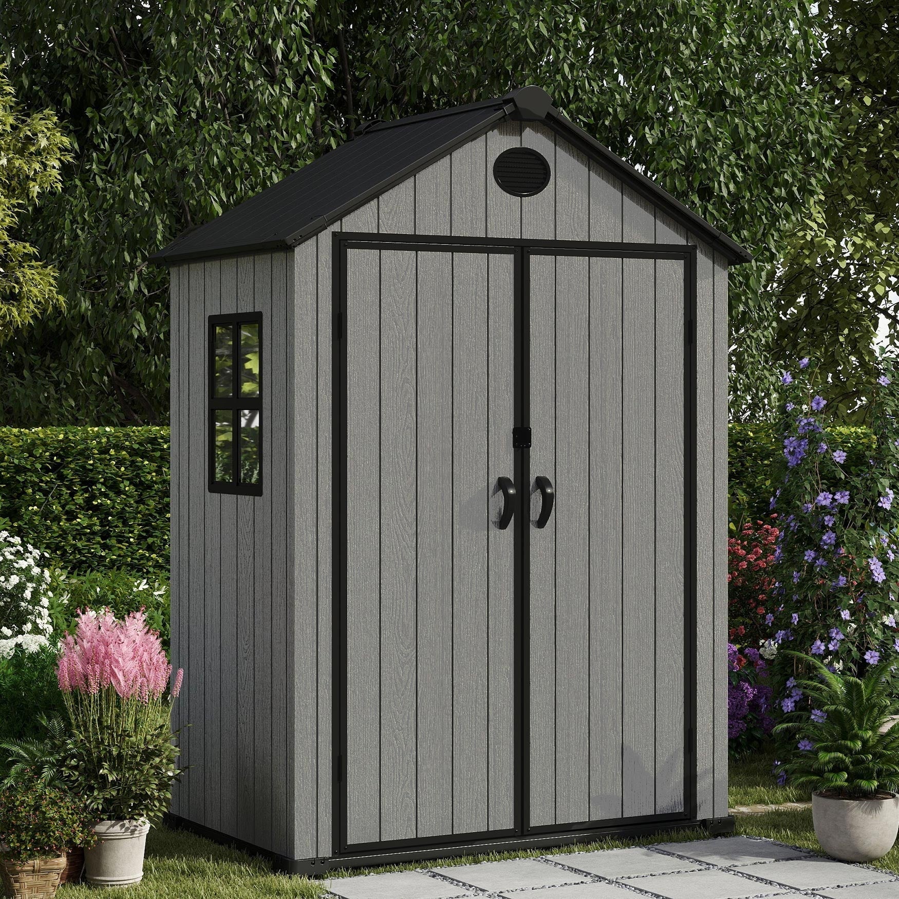 Pro Grade 6ft x 4ft Premium Plastic Garden Shed Double Door - Grey