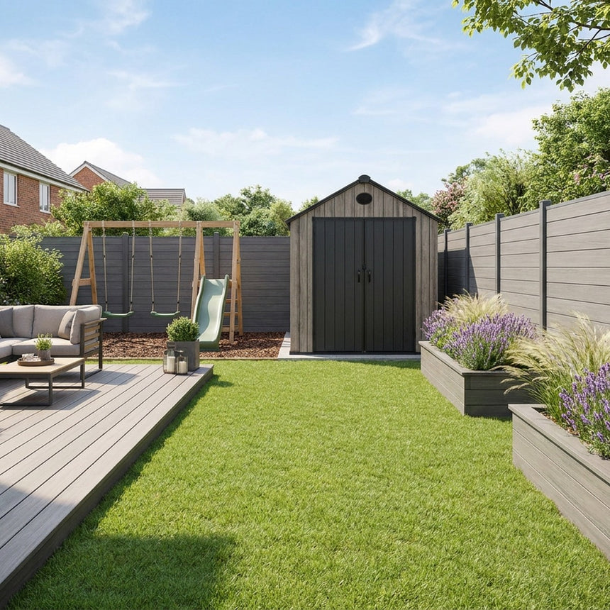 Pro Grade 6ft x 5ft Premium Plastic Double Door Garden Shed - Oak Woodgrain Texture