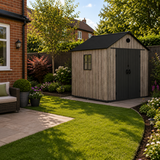 Pro Grade 6ft x 8ft Premium Plastic Double Door Garden Shed - Oak Woodgrain Texture