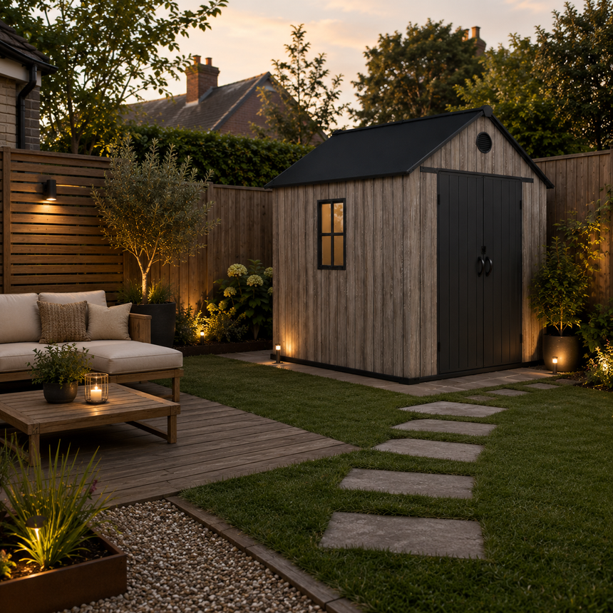 Pro Grade 6ft x 8ft Premium Plastic Double Door Garden Shed - Oak Woodgrain Texture