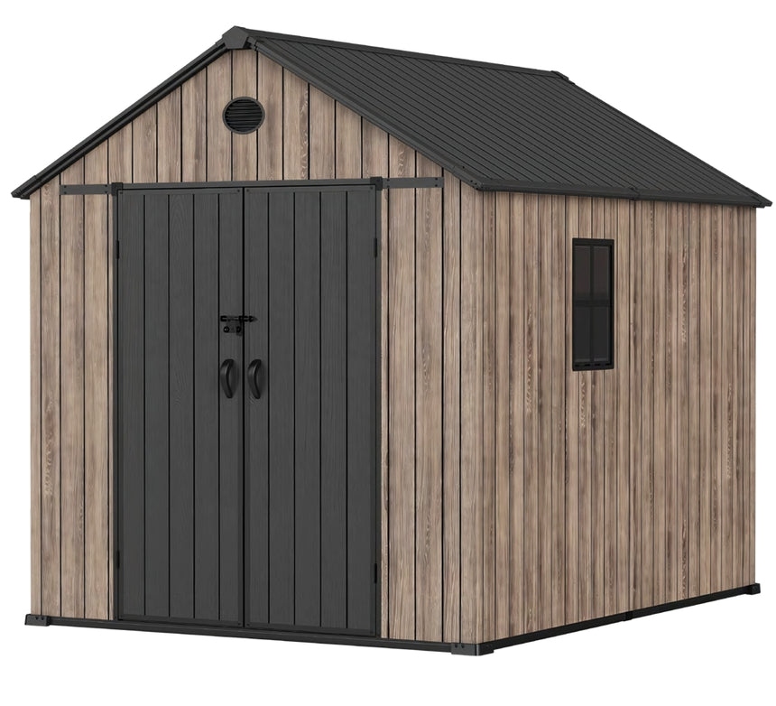 Pro Grade 6ft x 8ft Premium Plastic Double Door Garden Shed - Oak Woodgrain Texture