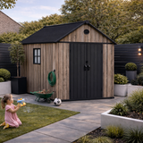Pro Grade 6ft x 8ft Premium Plastic Double Door Garden Shed - Oak Woodgrain Texture
