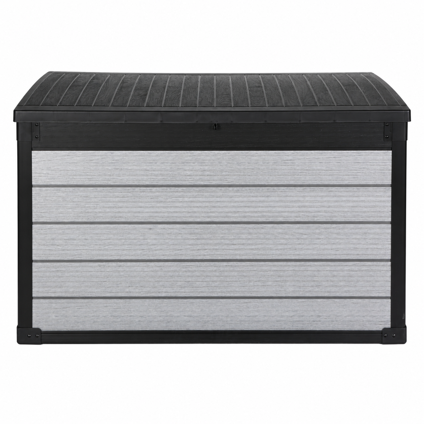 Pro Grade 540L Outdoor Garden Storage Box - Grey Woodgrain - Black Lid