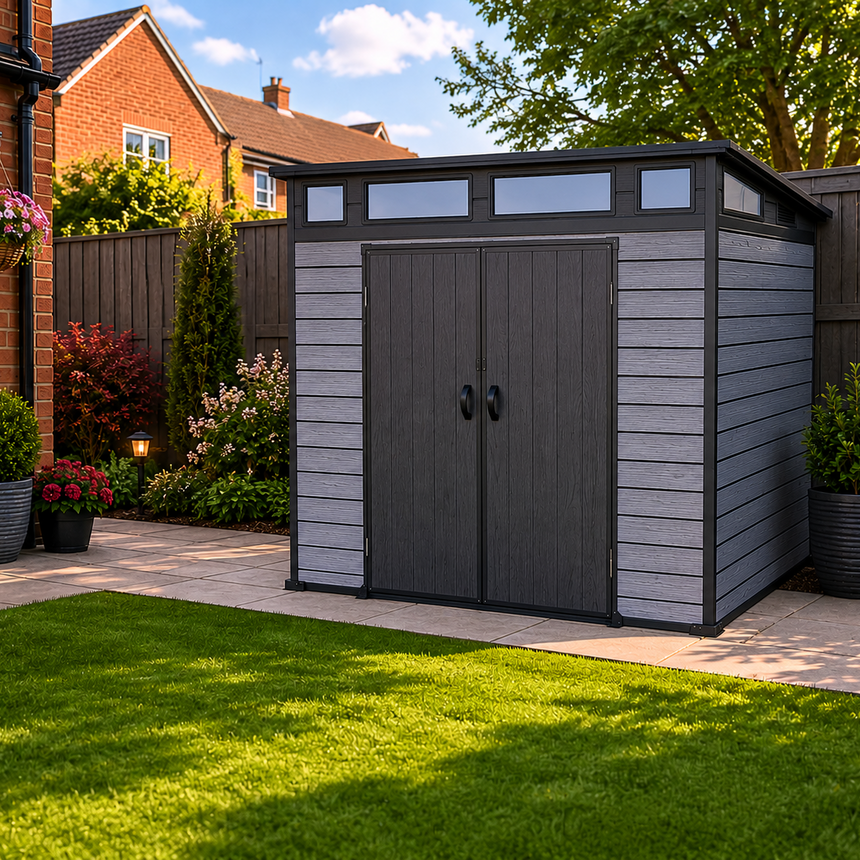 Pro Grade 7ft x 7ft Pent Roof Premium Plastic Garden Shed - Grey/Anthracite Wood Touch Texture
