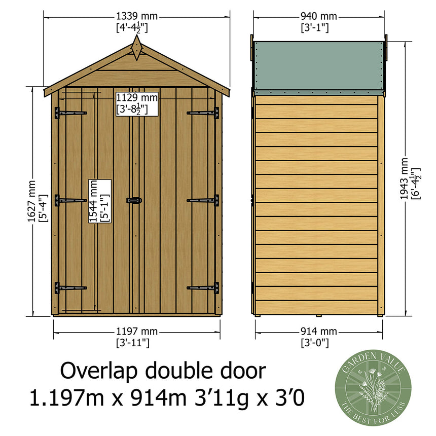 Shire Garden Value Overlap 4ft x 3ft Double Door Shed With Shelves