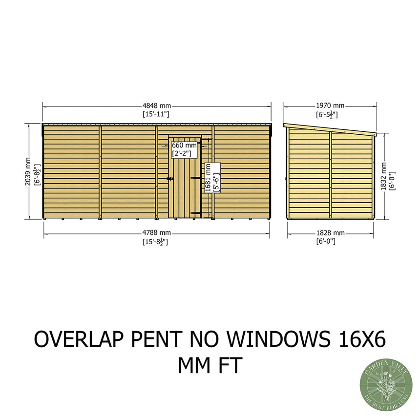 Shire NEW Garden Value 16ft x 6ft Overlap Pent Shed