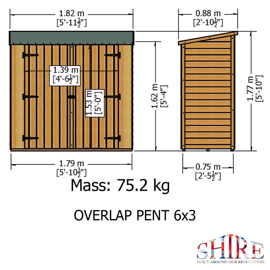 Shire Pent Overlap 3ft x 6ft Shed with Double Doors - Pressure Treated